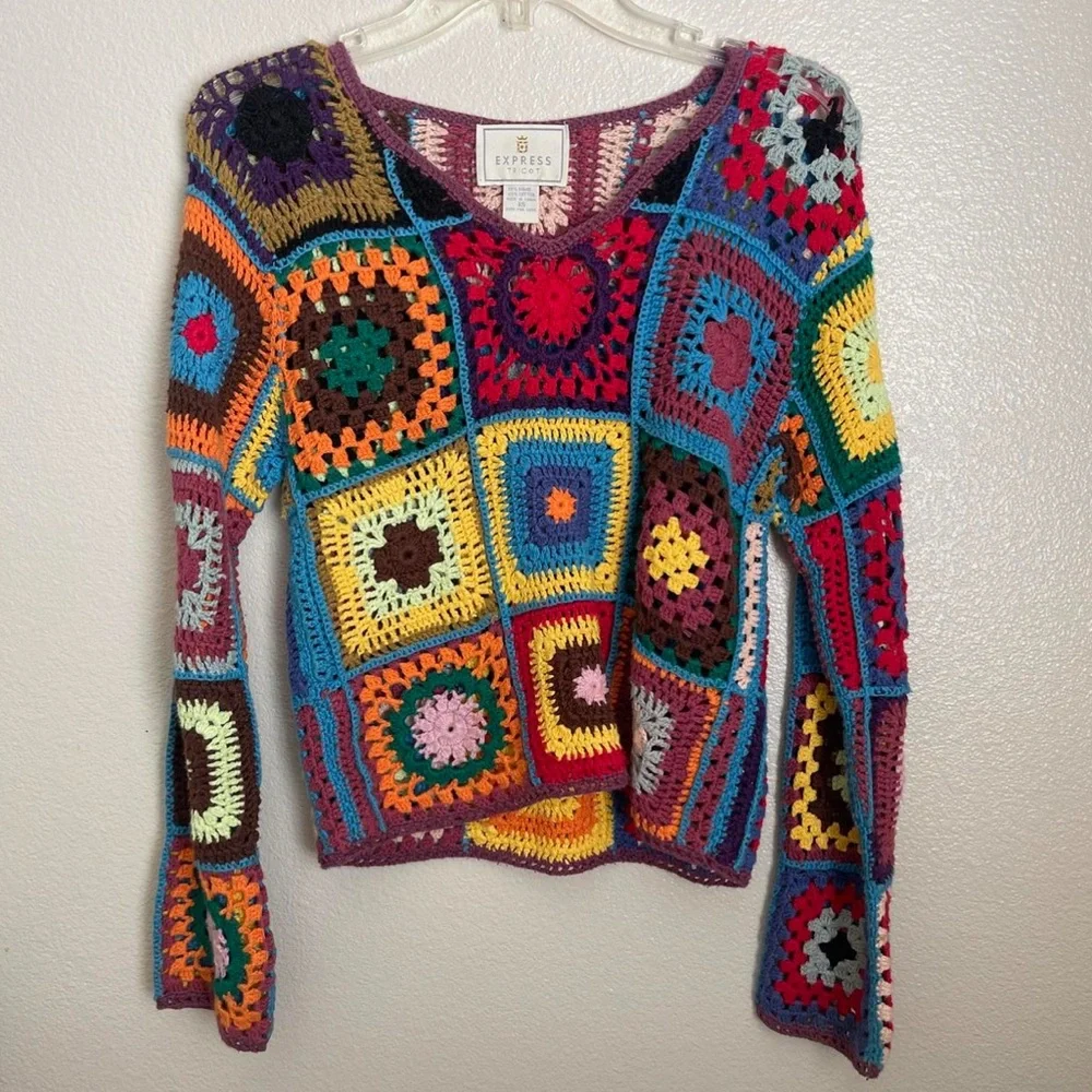 Express Colorful Patchwork Crochet Sweater - Picture 1 of 4